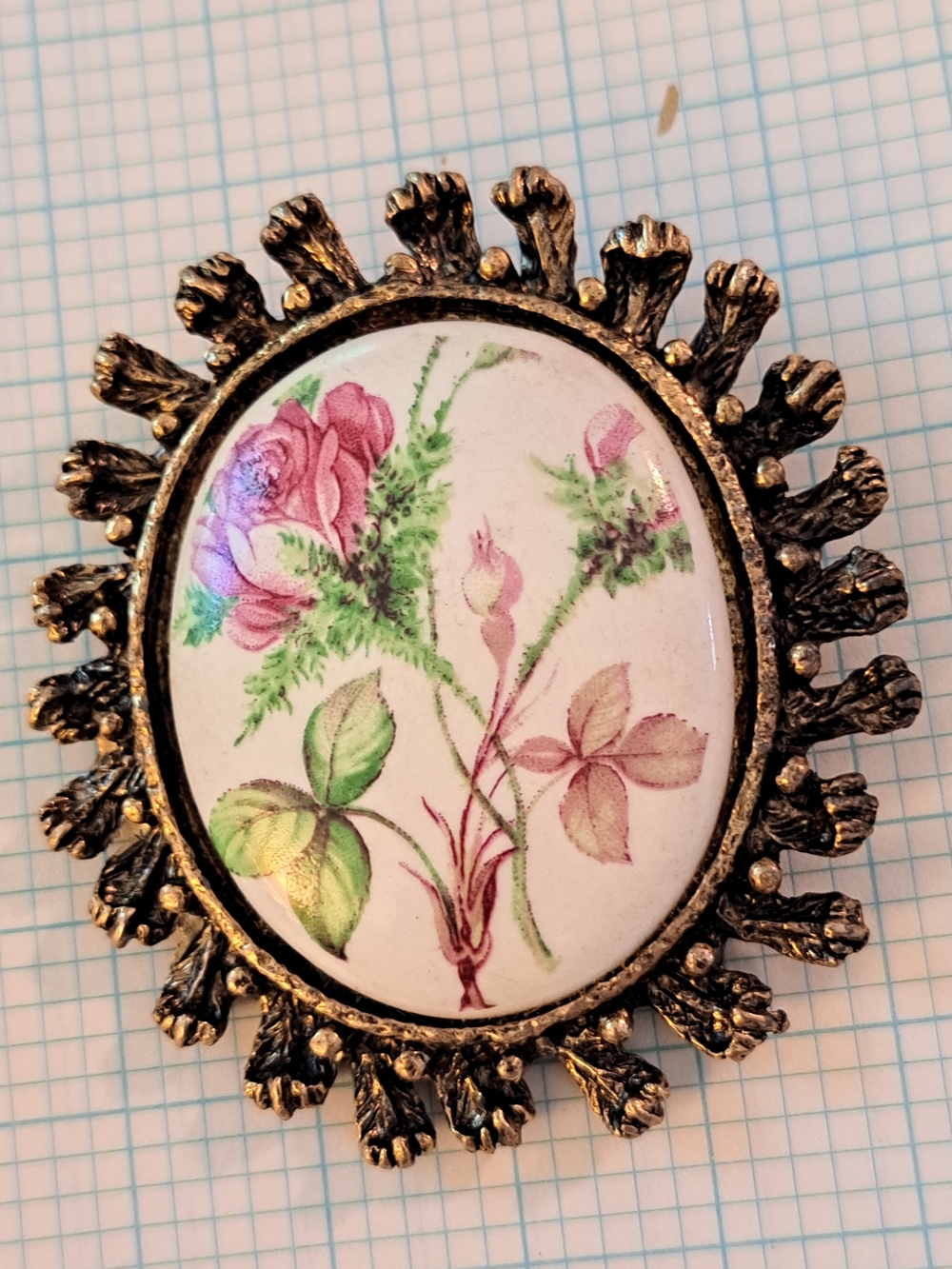 Vintage Rose Floral Pendant Brooch Pin in Pink and Green with Gold-Tone Frame